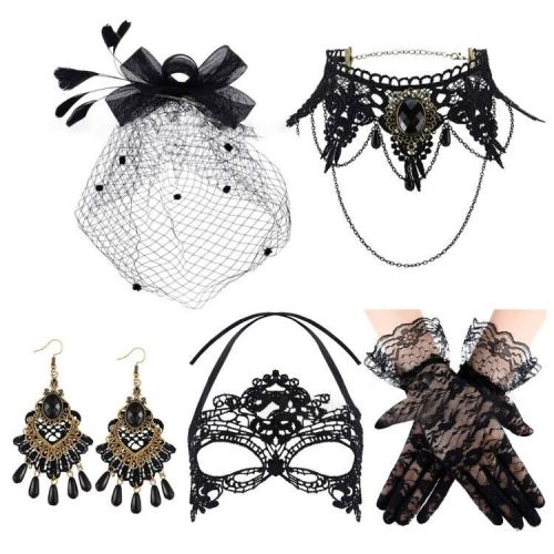 Black Lace Necklace with Bracelet and Earrings Set - Gothic Vintage Accessories